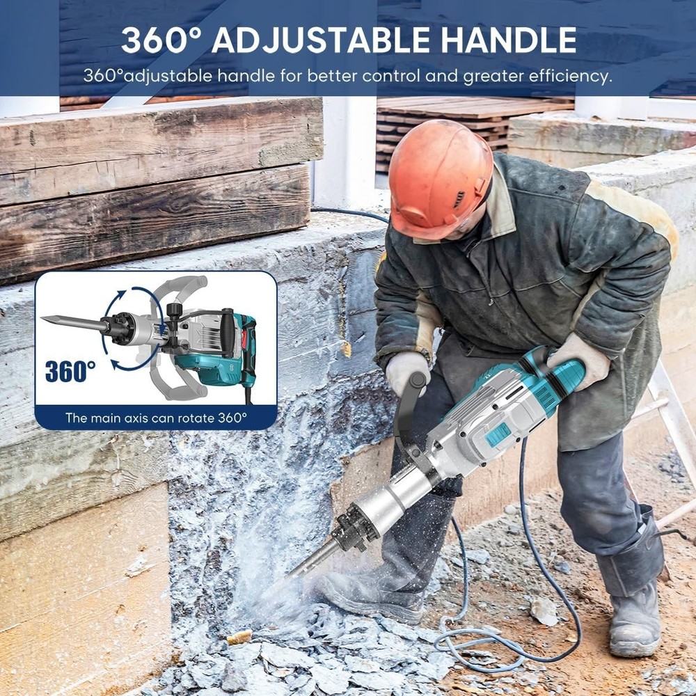 1700W Electric Jack Hammer with 360° Handle & Versatile Tool Kit in Rolling Case