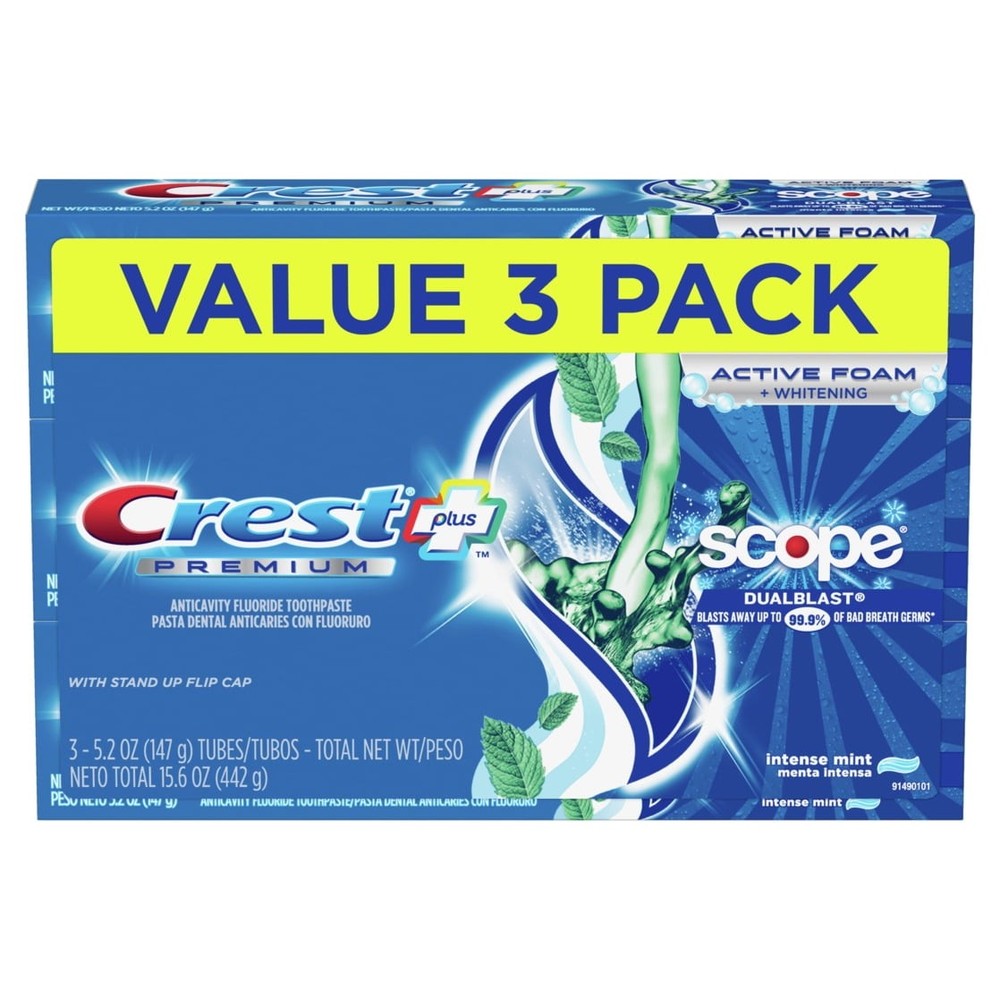 Crest Premium Plus Scope Blast Toothpaste, Mint, 5.2 oz, 3 Pack
