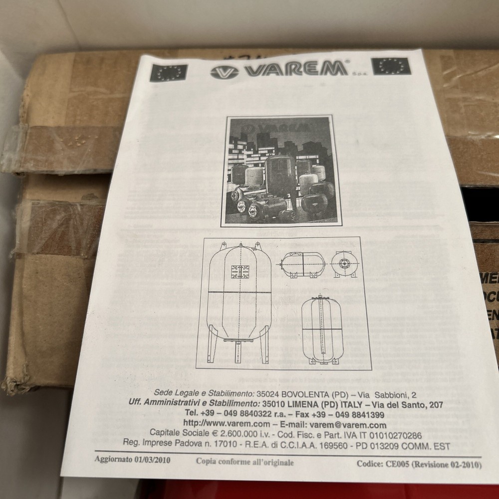 VAREM ITALY RED CENTRAL HEATING EXPANSION TANK 1.3 Gal. 90psi, 3/4”