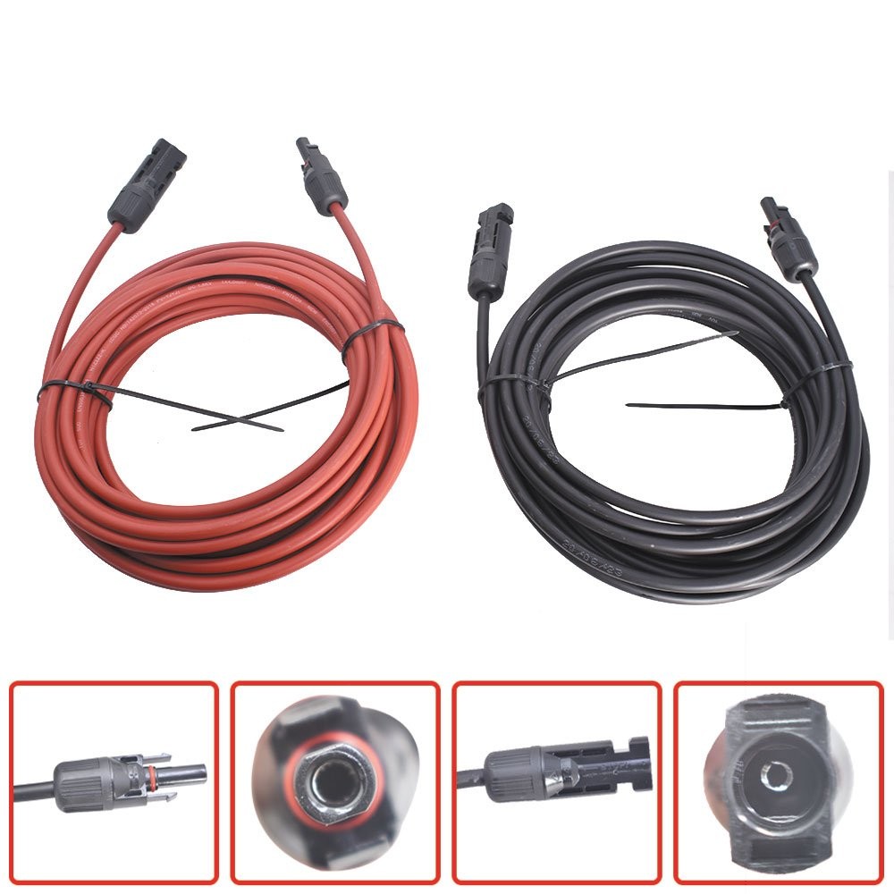 30Feet 1 Pair 10AWG Black + Red Solar Panel Extension Cable Wire Connector