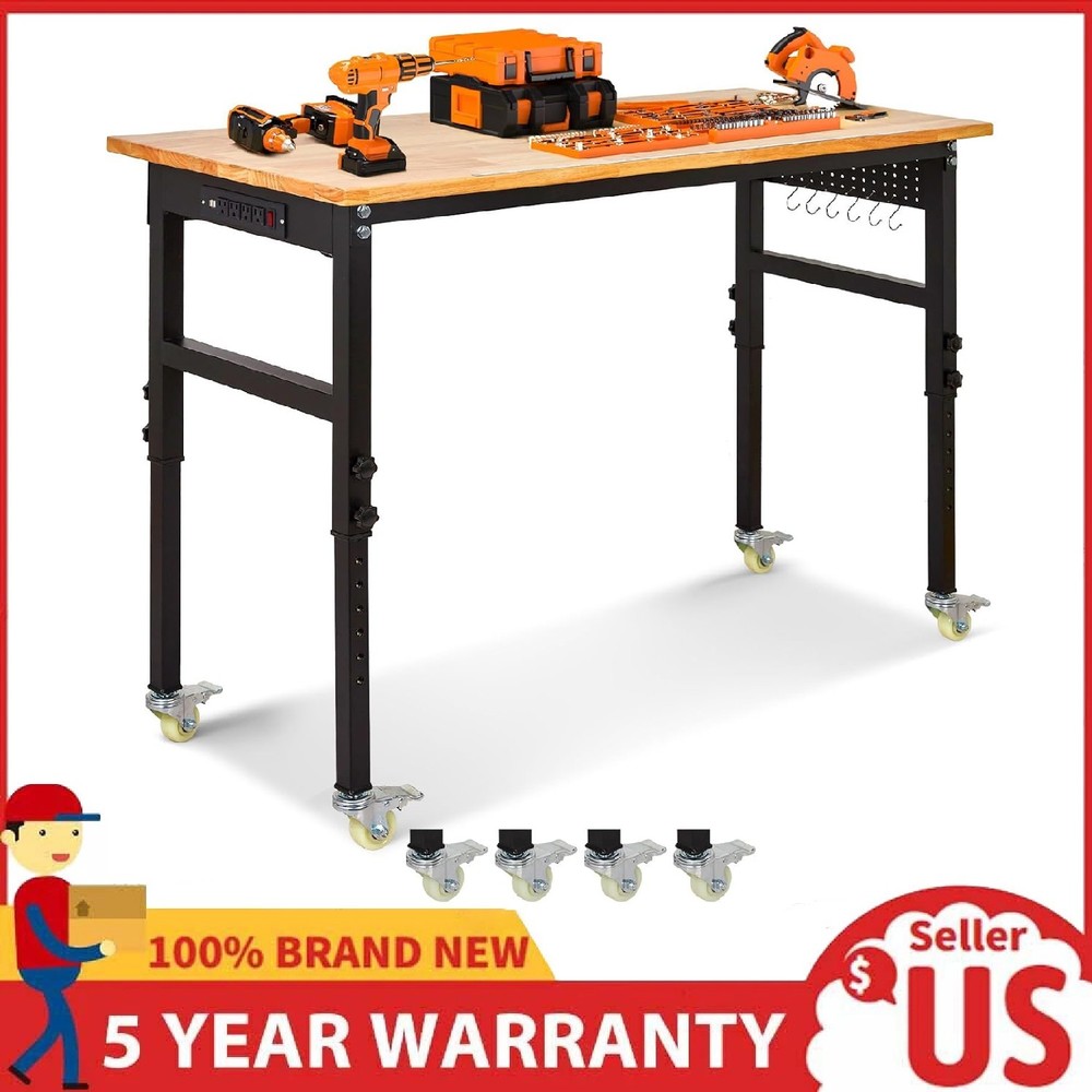70" Adjustable Workbench w/Wheels & Power Outlets, 2000Lbs Work Table for Garage