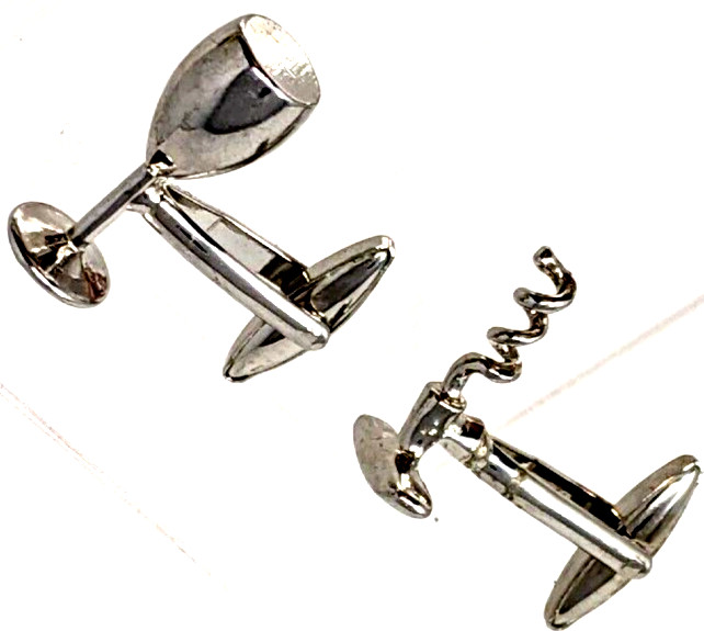Novelty Cufflinks Cork Skrew Wine glass Silver Chrome Bartender Server Winery