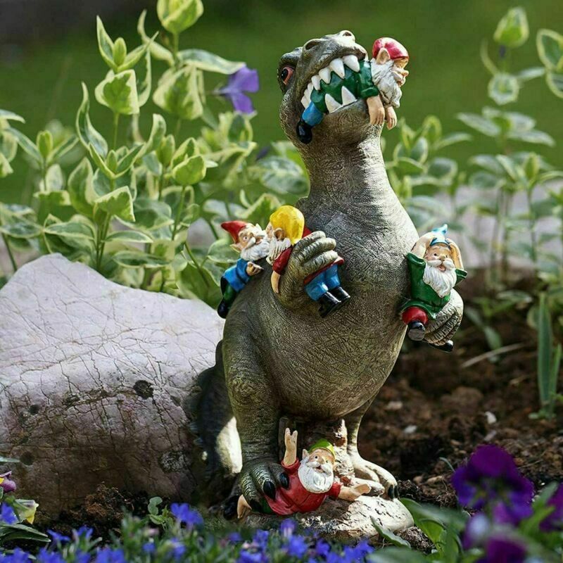 DINOSAUR EATING GNOMES STATUE - 2 Sizes - Hand Painted