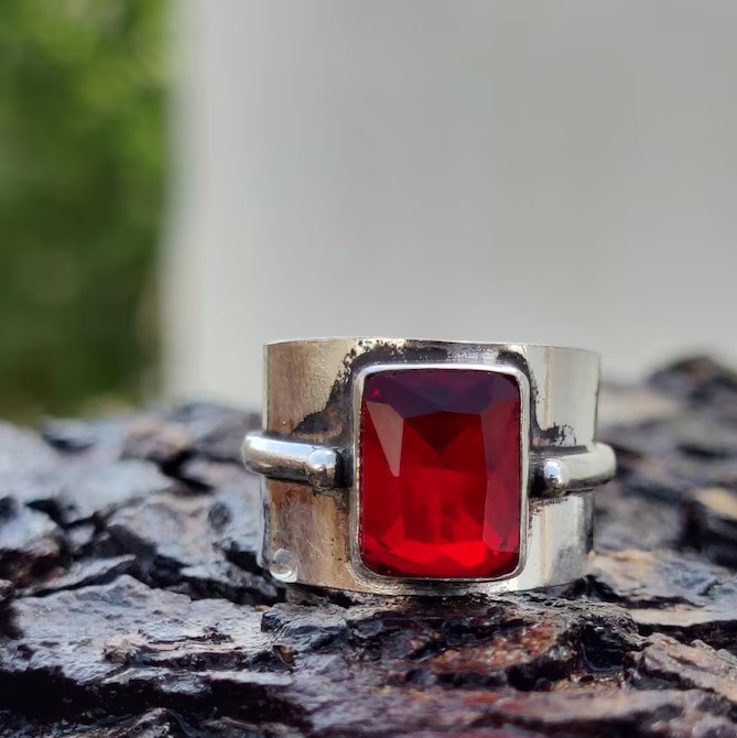 Solid 925 Sterling Silver Natural Red Garnet Rectangular Gemstone Wide Band Ring