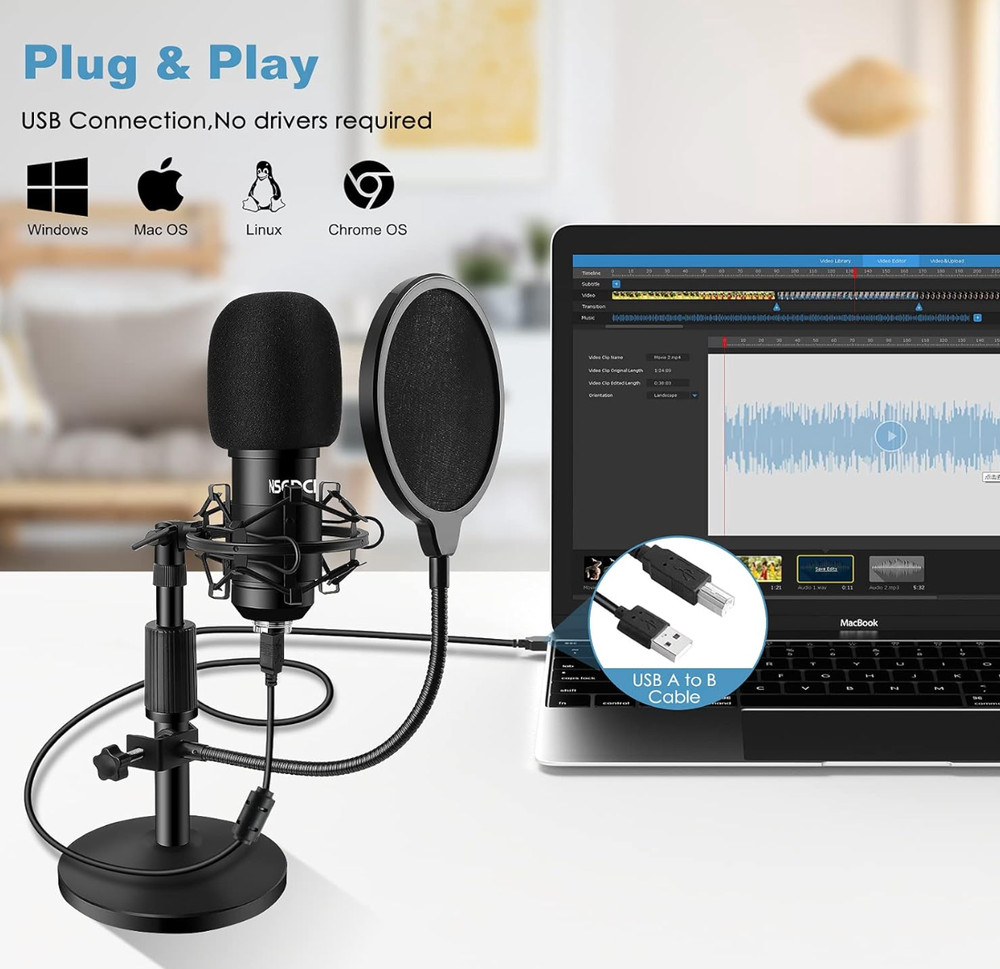 USB Condenser Microphone Kit w/ Stand Pop Filter Shock Mount Podcast Streaming