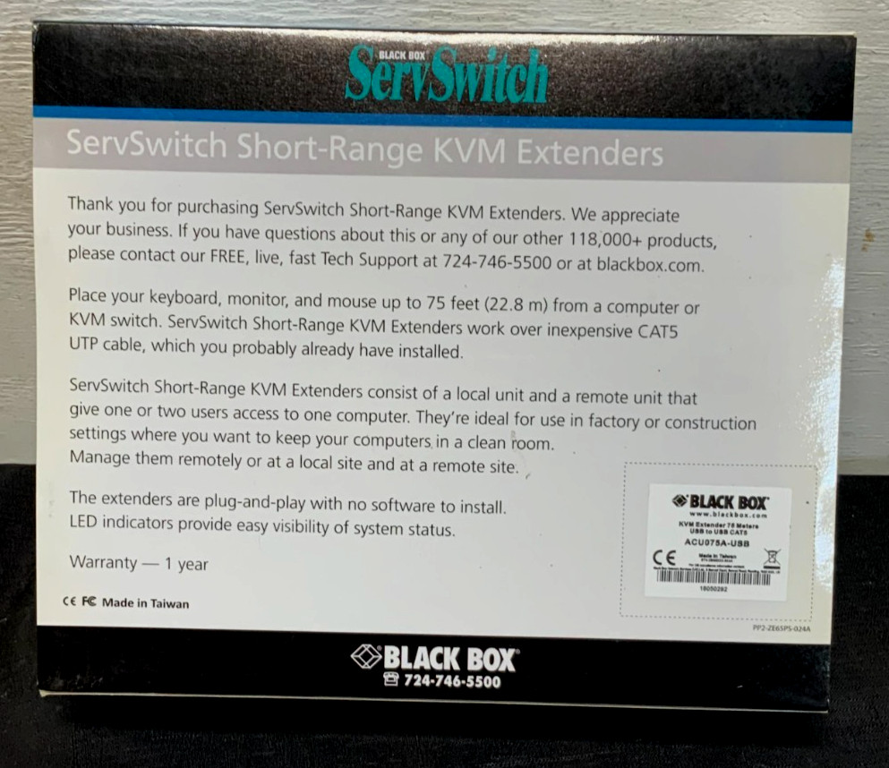 NEW Black Box ACUO75A-USB KVM ServSwitch Short Range Extender Kit 75ft 275C