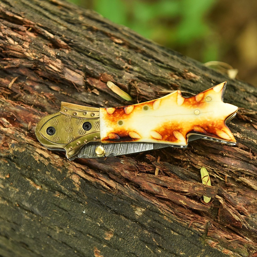Damascus Folding Double edge Blade Pocket Knife - Dagger - Camel Bone Handle