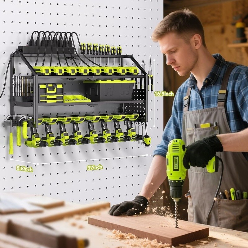Heavy Duty Power Tool Wall Mount Rack W/Charging Station Drill Storage Organizer