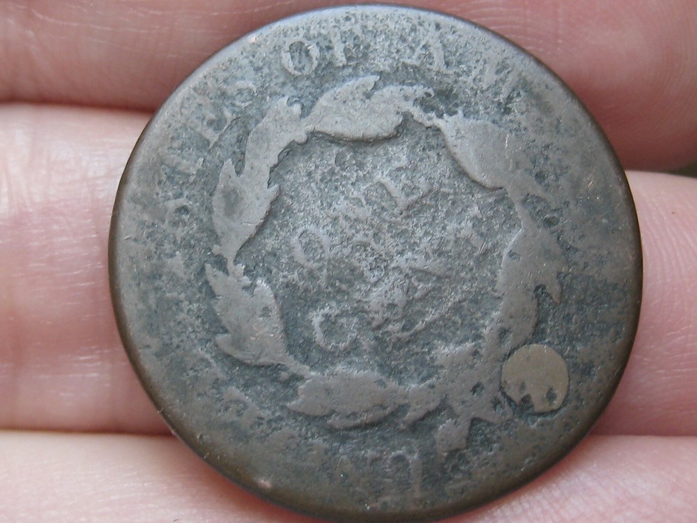 1827 Matron Head Large Cent Penny- Slightly Rotated Reverse, About Good Details