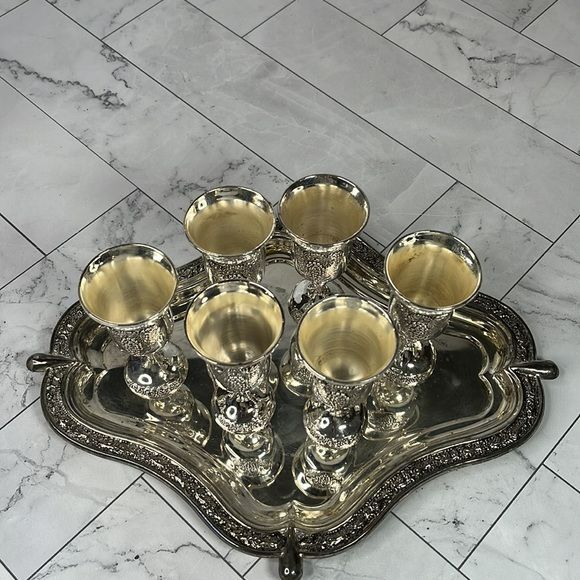 Silverplated Tray with Six Kiddish Wine Cups from Israel