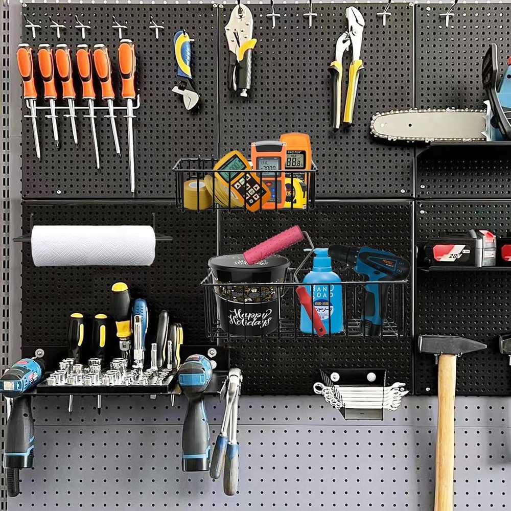 Heavy-Duty Pegboard Hook Set with Baskets for Garage and Workshop Organization