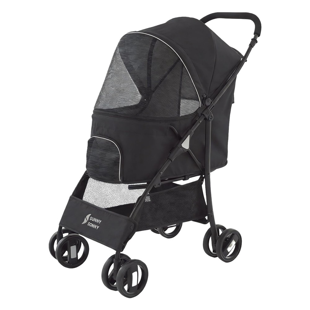 4 Wheels Pet Stroller,Easy-Foldable Dog Cat Cage Jogger Stroller with Black
