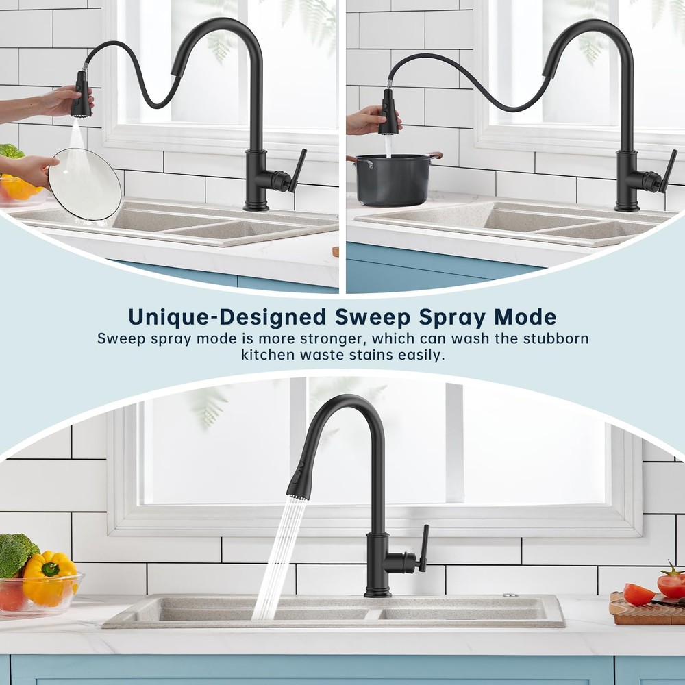 DEERFEI Pull down Kitchen Faucet Head Replacement 3 Modes Sprayer Matte Black