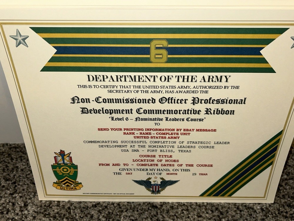 NCO PROFESSIONAL DEVELOPMENT LV-6 COMMEMORATIVE CERTIFICATE ~ W/PRINTING TYPE-1
