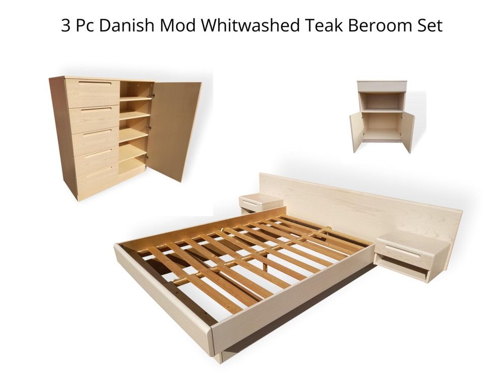3 pc Danish Modern Bedroom Set Whitewashed TEAK from Jesper Queen Platform Bed