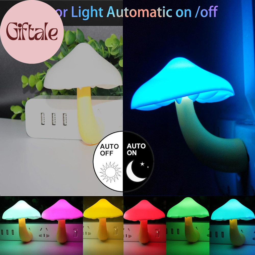 2 Pack LED Cute Mushroom Night Light Plug into Wall Lamp 7-Color Changing Sensor