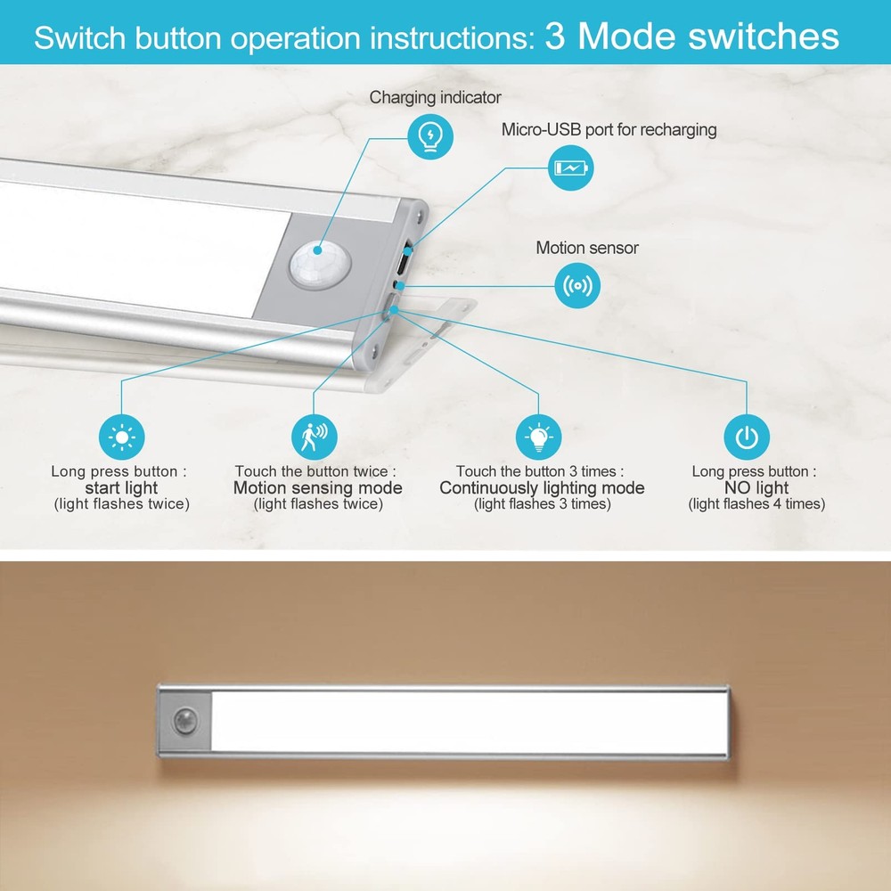 70-LED Motion Sensor Cabinet LightUnder Counter Closet Lighting Wireless USB ...