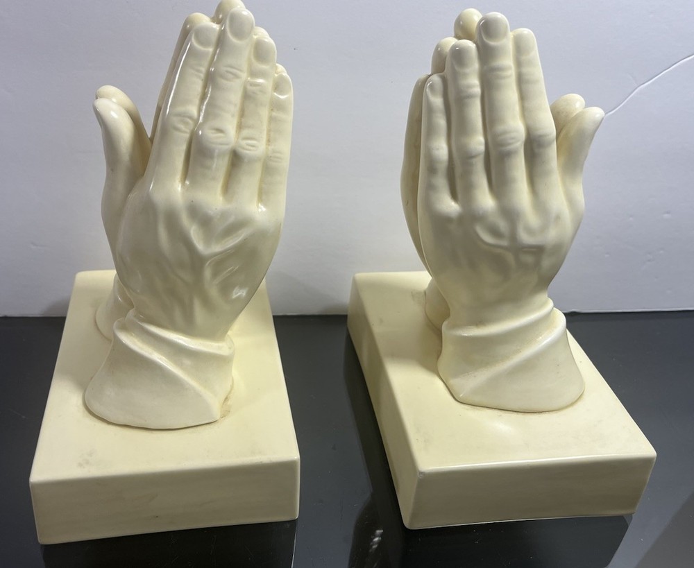 Pair Ceramic 8” Praying Hands Bookends Door Stoppers