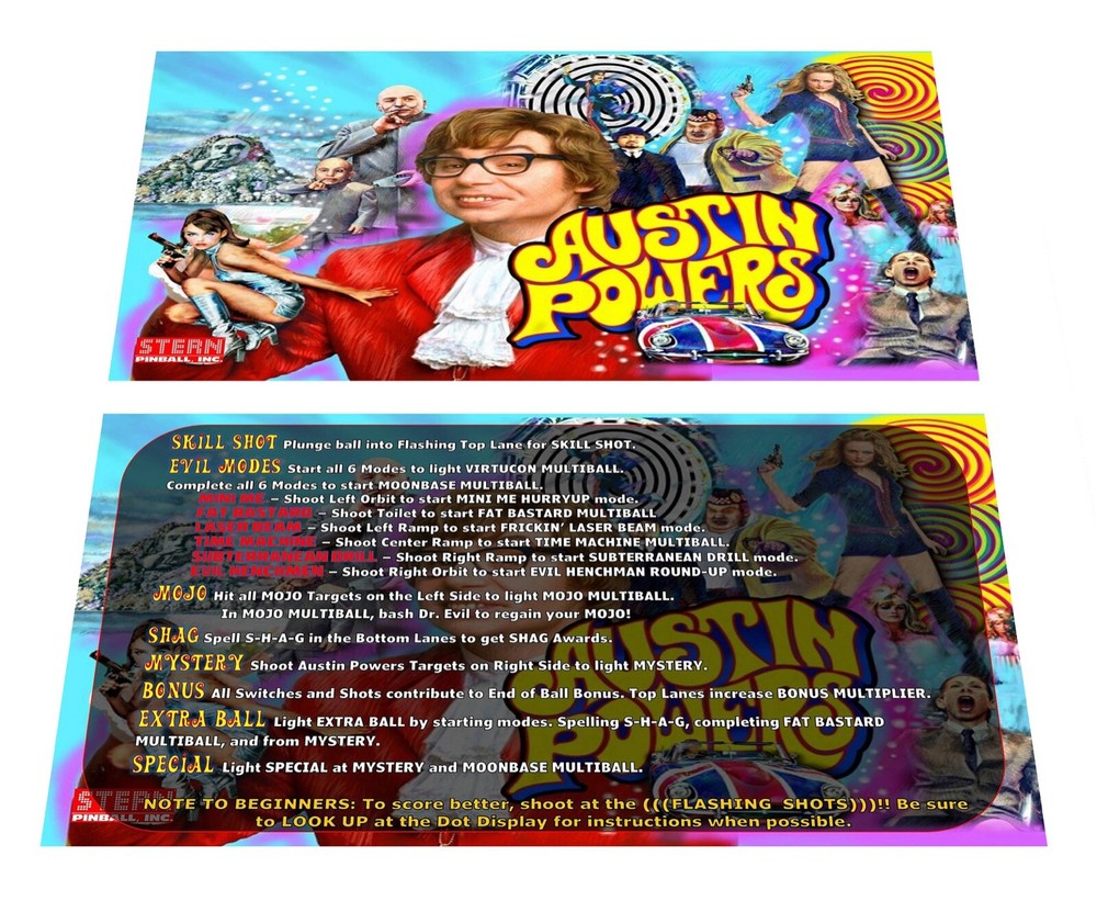 Stern Austin Powers Pinball Custom Apron Instruction Cards v1