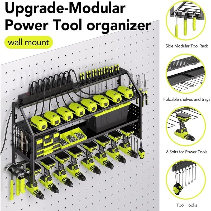 Heavy Duty Power Tool Wall Mount Rack W/Charging Station Drill Storage Organizer