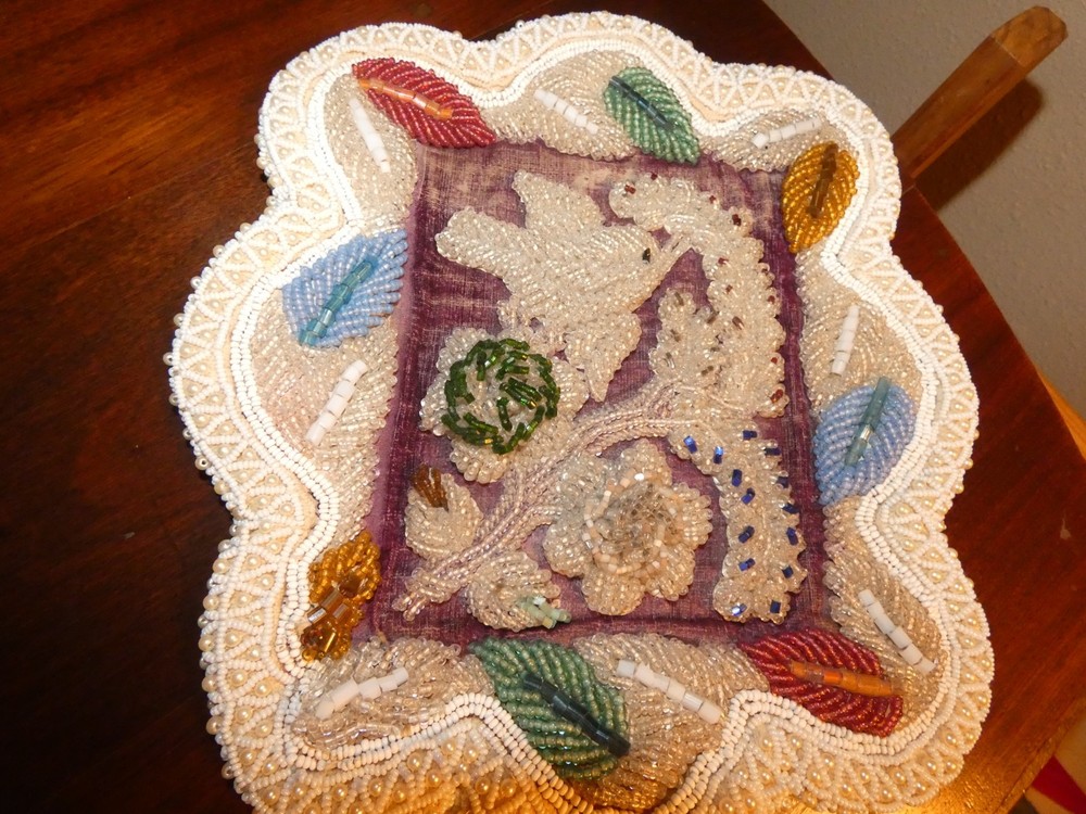 Antique Glass Bead Panel w/ Bird & Leaves