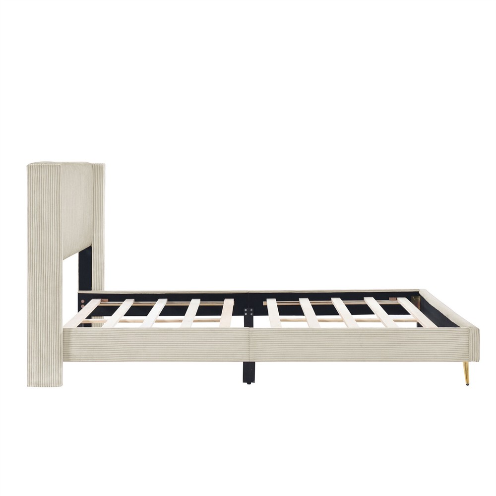 Queen Size Bed Frame Upholstered Platform Bed w/ Upholstered Headboard Beige