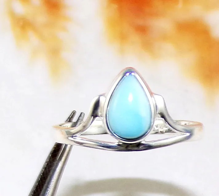 Solid 925Sterling Silver Natural Larimar Pear Blue Gemstone Handmade Womens Ring