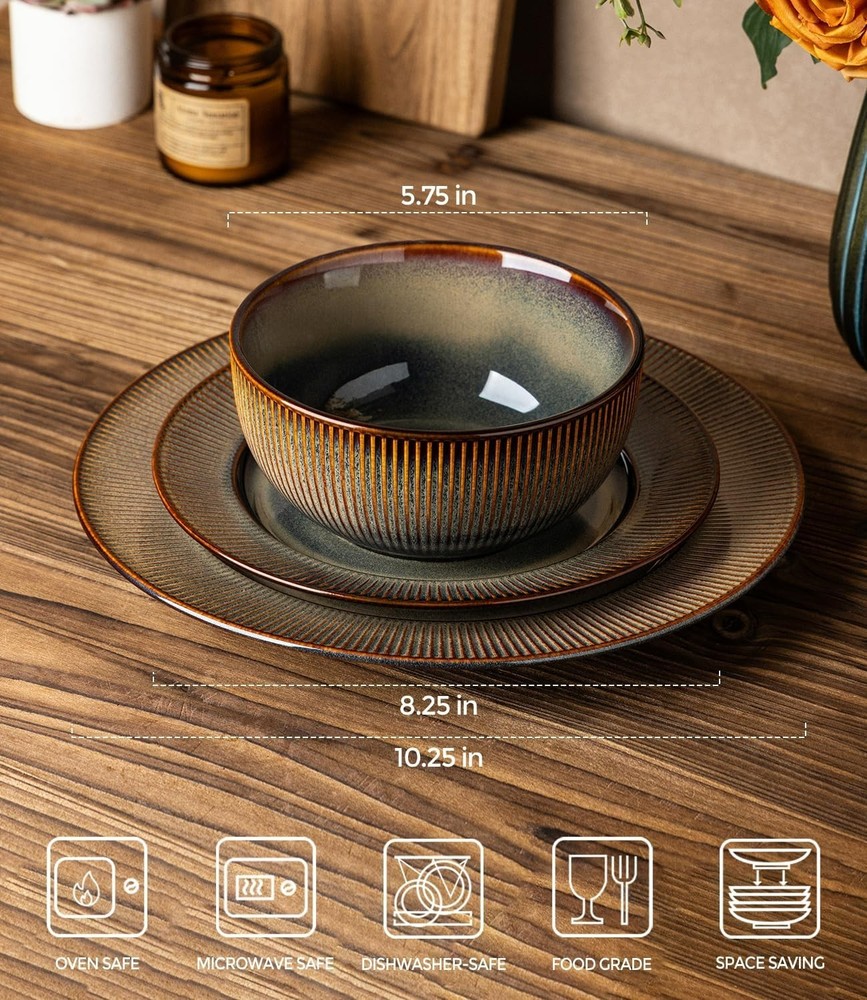 12-Piece Stoneware Dinnerware Set for 4 - Scratch Resistant, Mocha