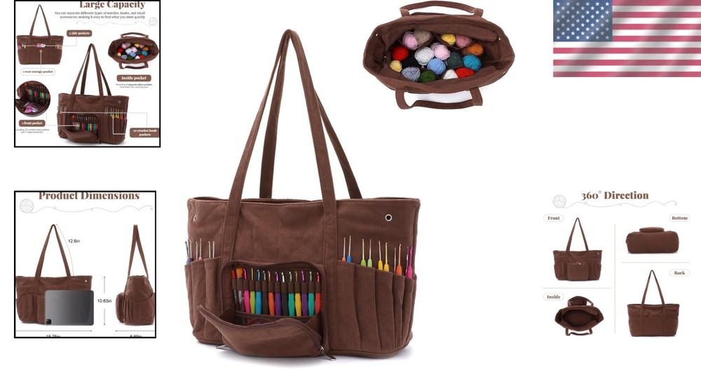 Large Yarn Organizer Bag with Protective Lining for Crochet Tools and Projects