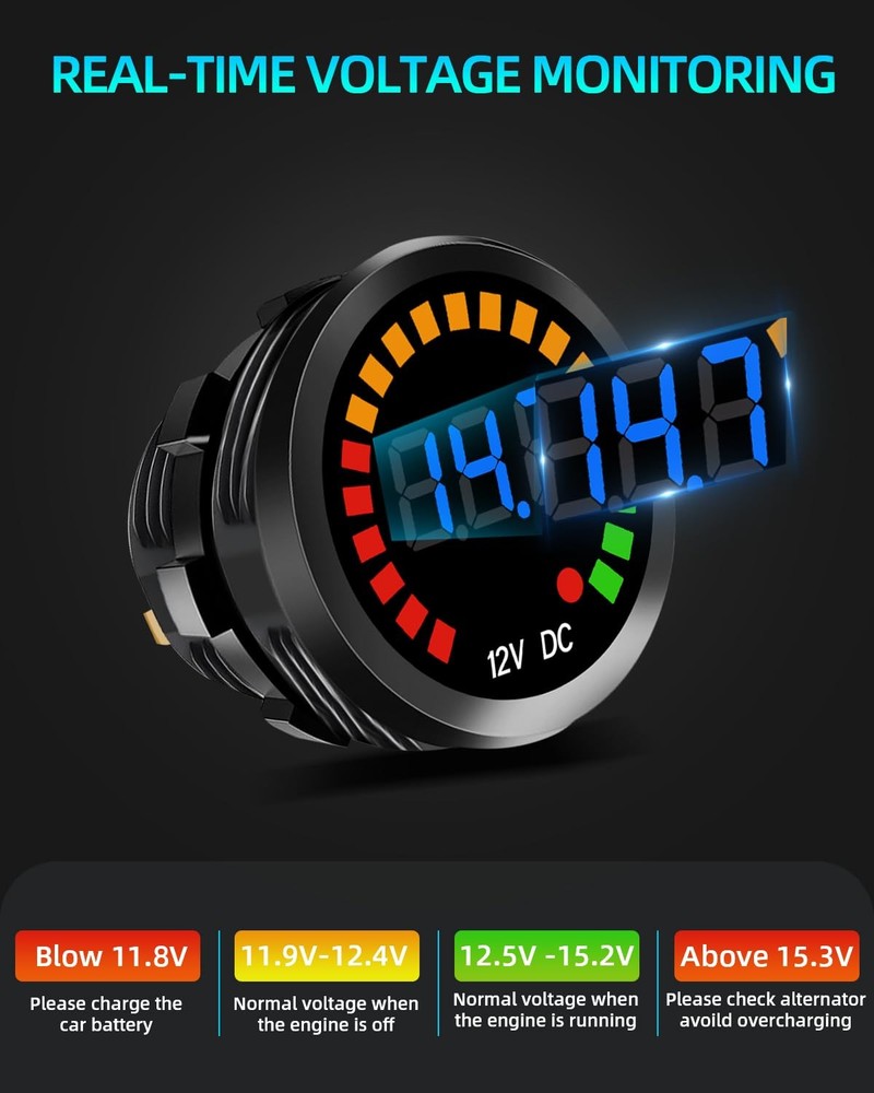 Waterproof DC 12V Voltage Meter, LED Digital Display Voltmeter 1P, With Cable