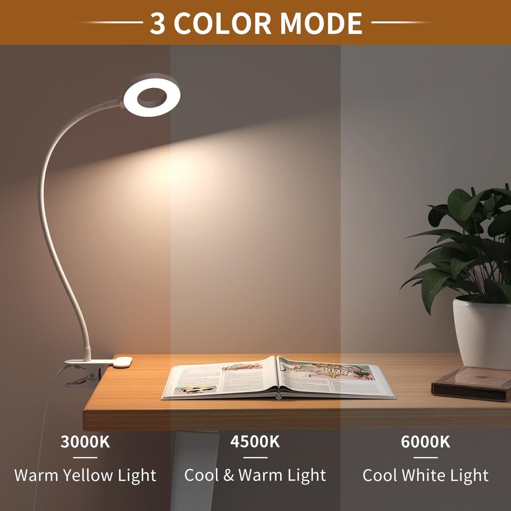 Reading Light USB Clamp Lamp LED Adjustable Gooseneck Bedside Study Lamp White