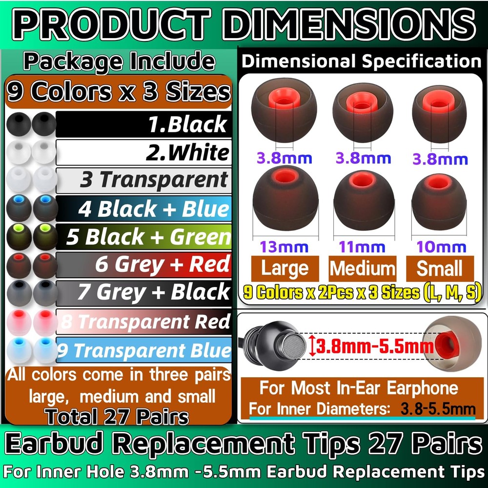 Earbud Replacement Tips 54Pcs,3 Sizes S/M/L, 9 Colors Silicone Multi-color