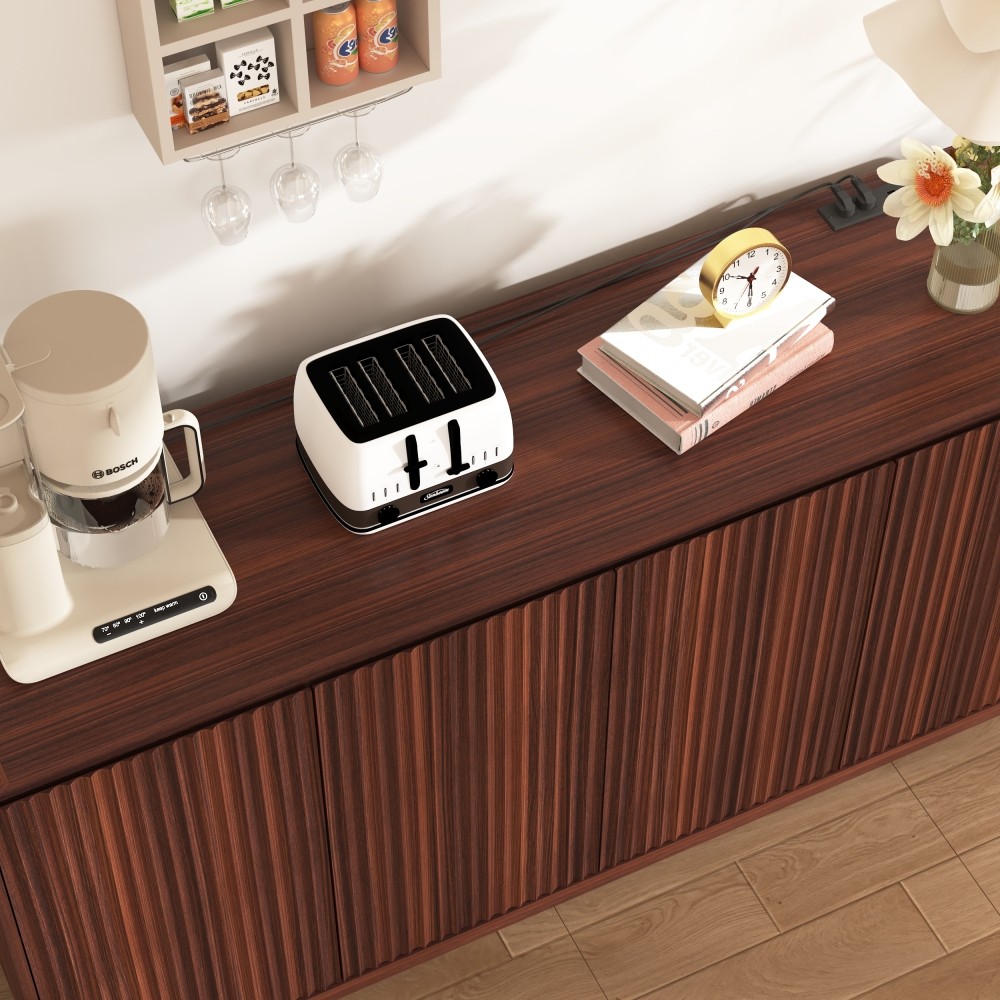 Walnut TV Stand with Power Outlet, Adjustable Storage, Fluted Handleless