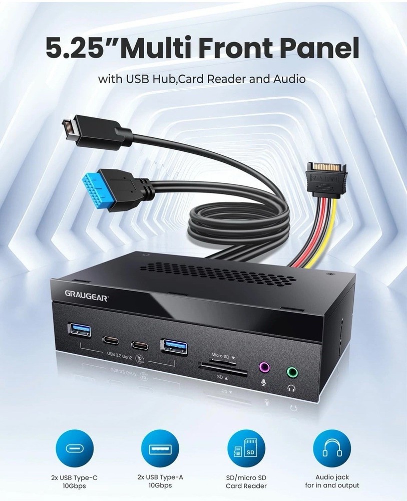 GRAUGEAR 5.25 Inch 10Gbps USB 3.2 PC Front Panel Card Reader with Audio Black