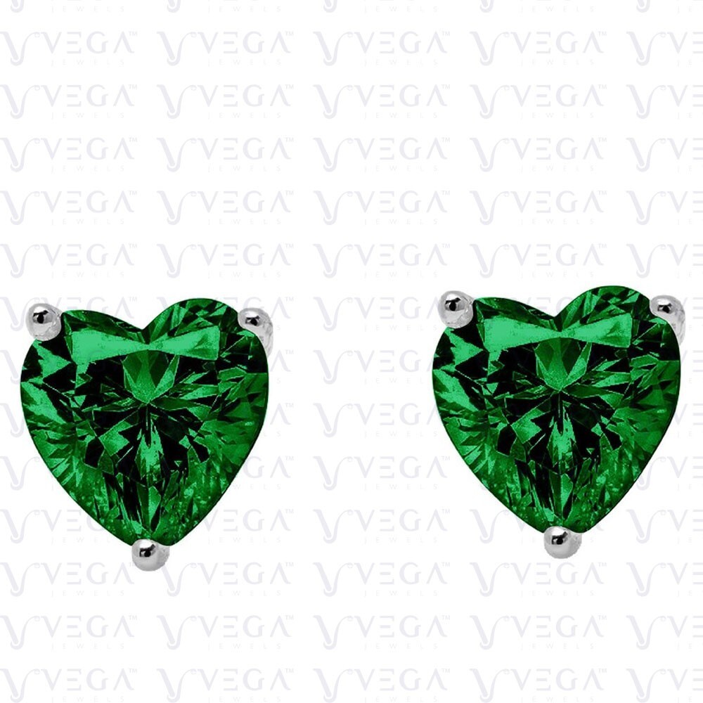 3.50Ct Heart Shape Natural Emerald Solitaire Stud Earring 14K Solid White Gold