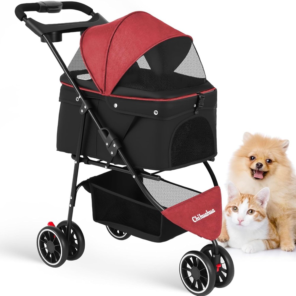 Pet Stroller Dog Stroller Small Medium Dog Cat 3 Wheels Foldable with Canopy