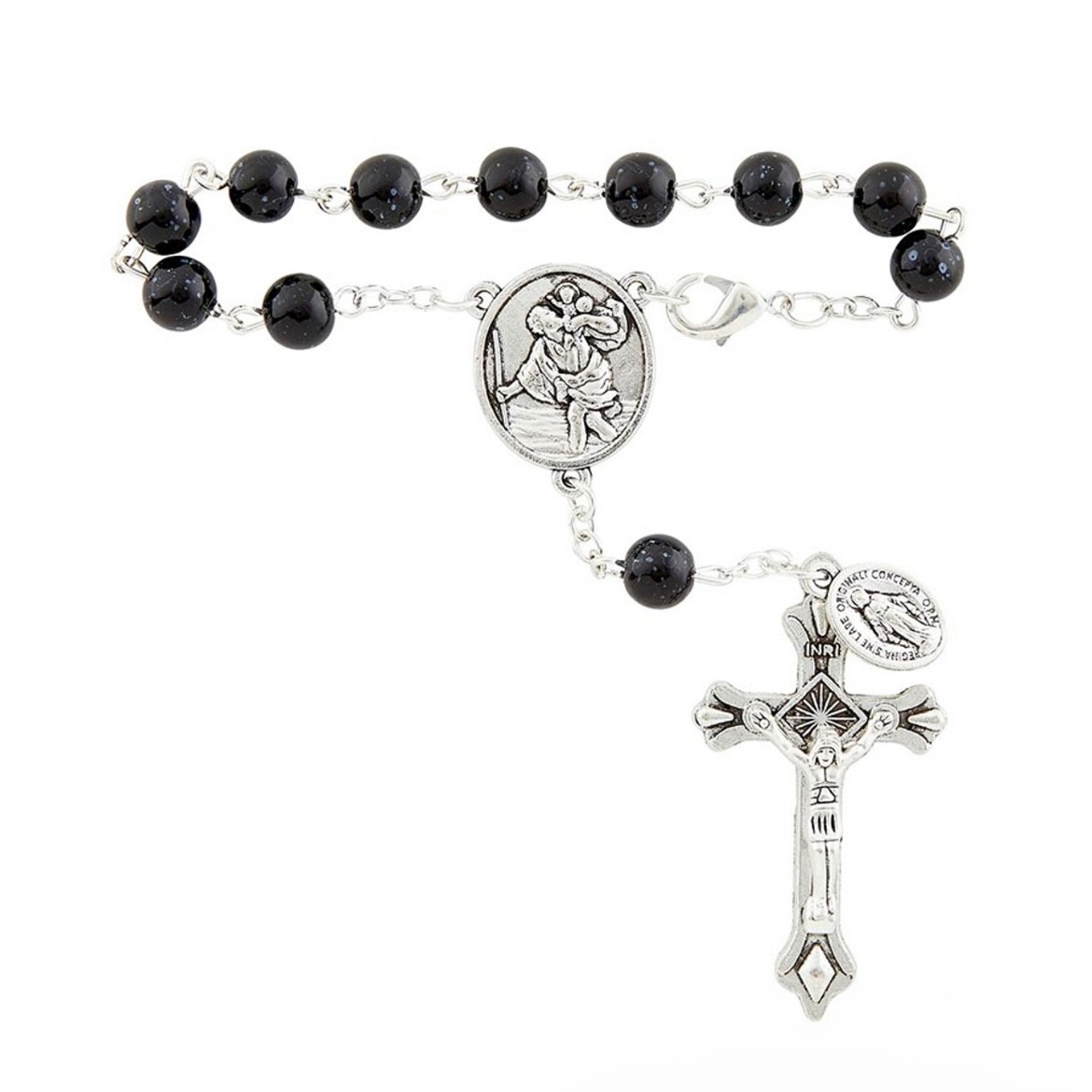 St Christopher Black Glass Rosary Car Mirror Pocket Miraculous Medal Crucifix