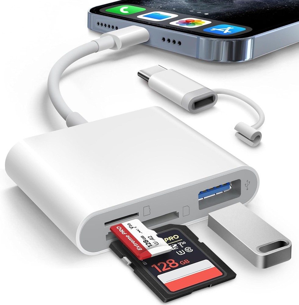 SD Card Reader for iPhone iPad Built-in Lightening & USB-C Dual Connectors Ca...