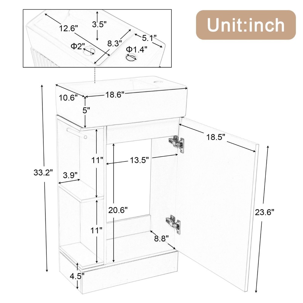 Waterproof Bathroom Vanity with Ceramic Sink, Adjustable Orientation, Two-Tier