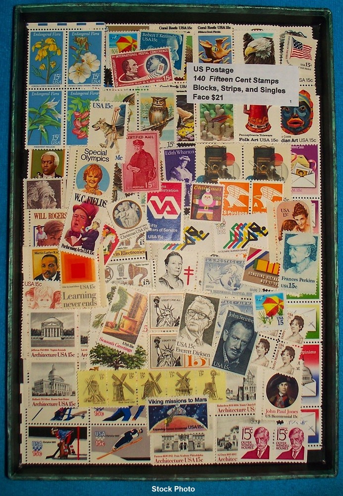 US Postage - 140 - 15 cent Mint Stamps Below Face Value