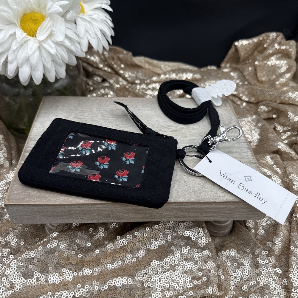 Vera Bradley Zip ID Case + Lanyard in Pattern CLASSIC BLACK Microfiber NWT