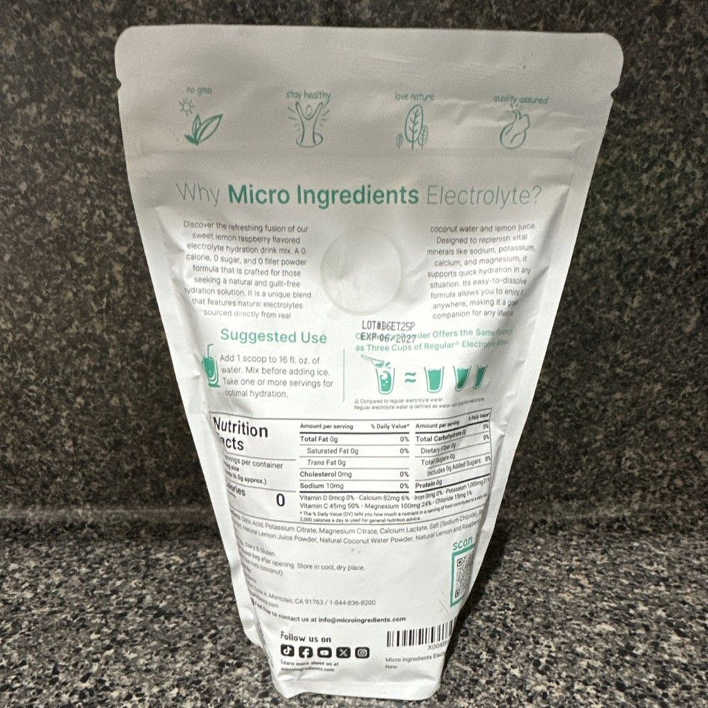 Micro Ingredients Electrolyte Powder Lemon & Raspberry Hydration Sugar-Free 1lb