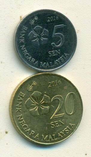 2 DIFFERENT COINS from MALAYSIA - 5 & 20 SEN (BOTH DATING 2016)