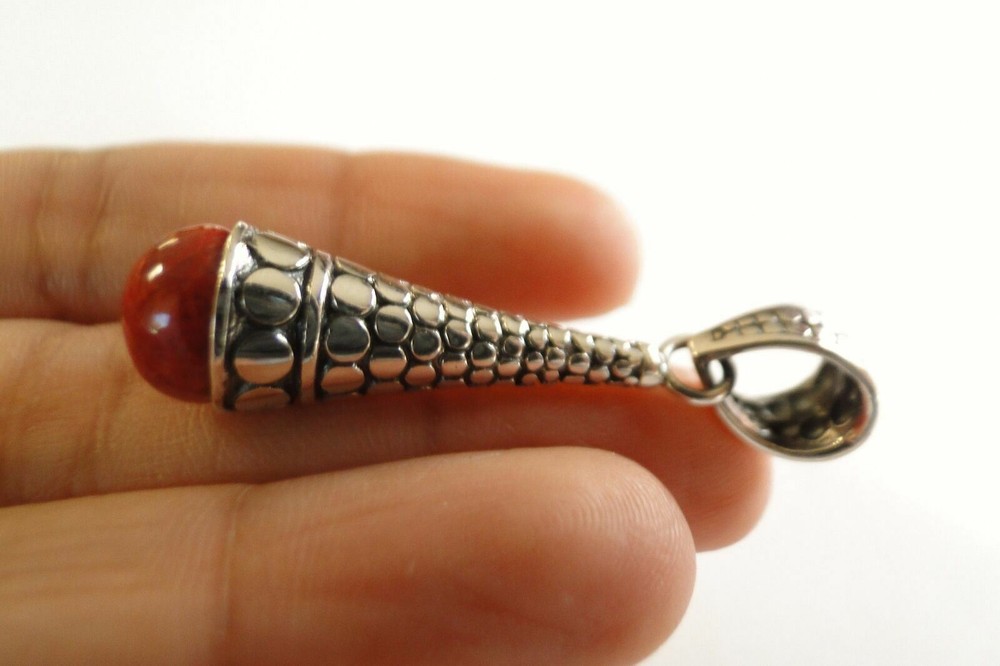 Red Coral Solitaire Cone Shape Dot Edged 925 Sterling Silver Pendant
