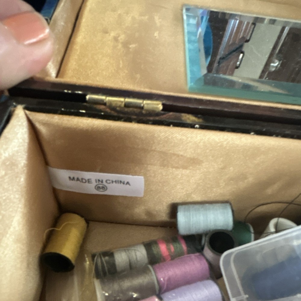 Wooden Sewing Box with Mirror, Thread Storage, Brown Multicolor