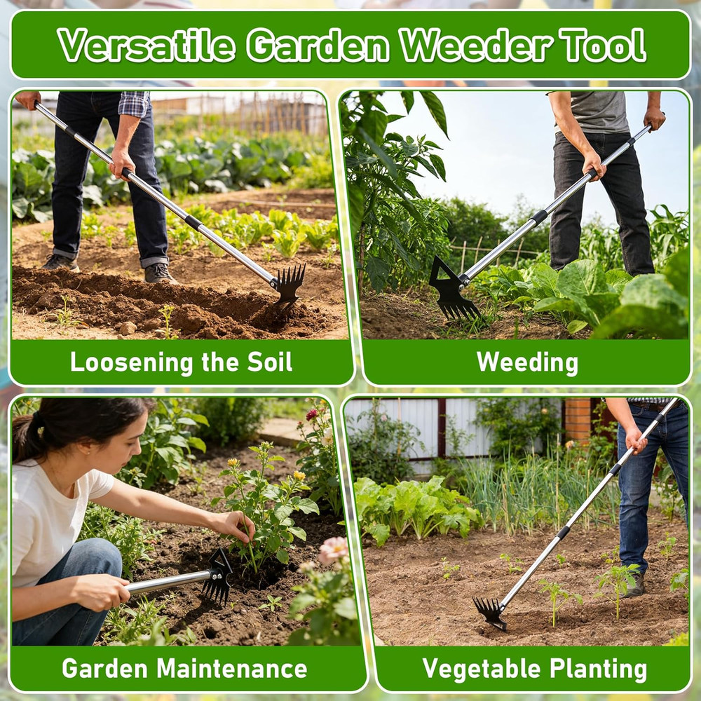 Premium 56" Long Handle Weed Puller Tool, 2-in-1 Manual Weeder and Rake