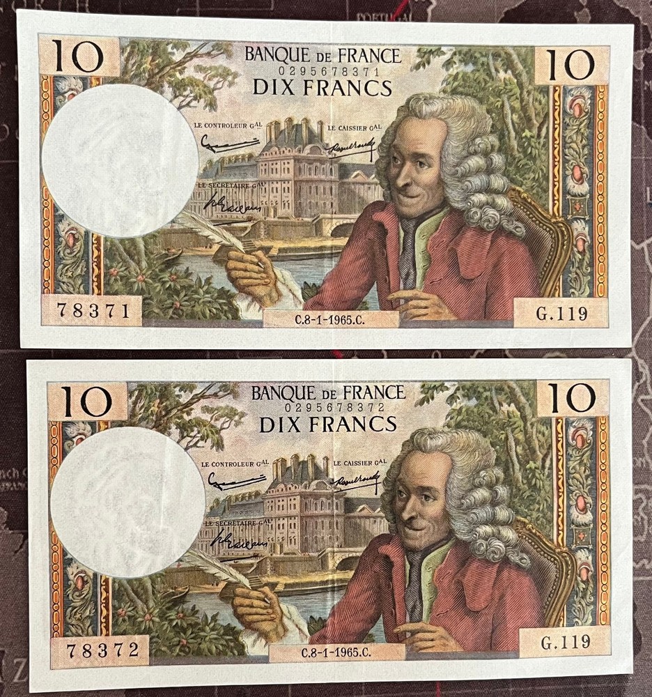 FRANCE 1965 VOLTAIRE 10 FRANC NOTE / 2 SEQUENTIAL NUMBERED NOTES
