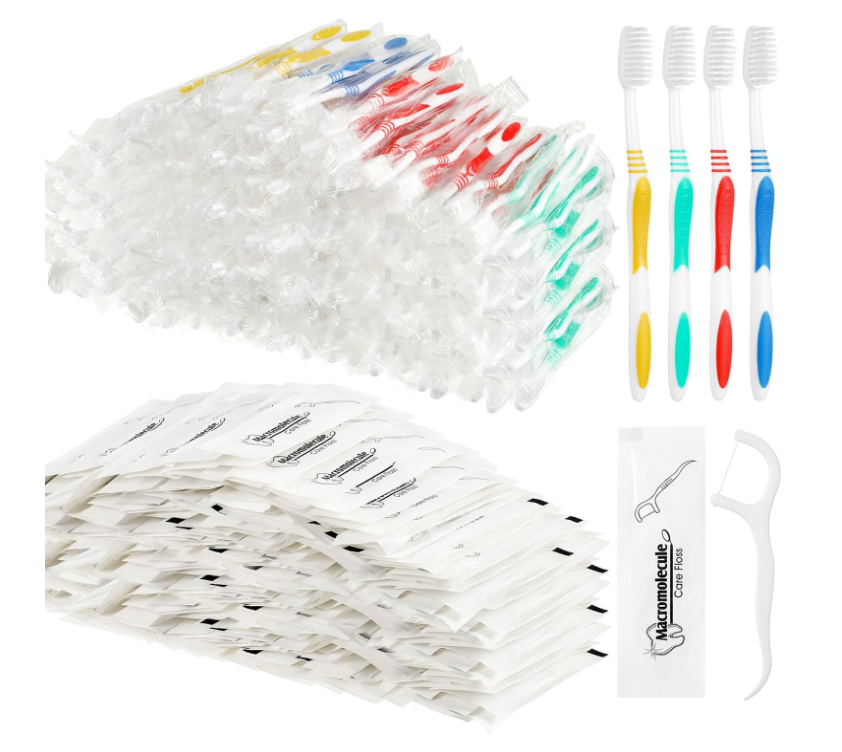 300 Pcs Bulk Toothbrushes & Dental Floss Set Individually Wrapped Soft Bristl