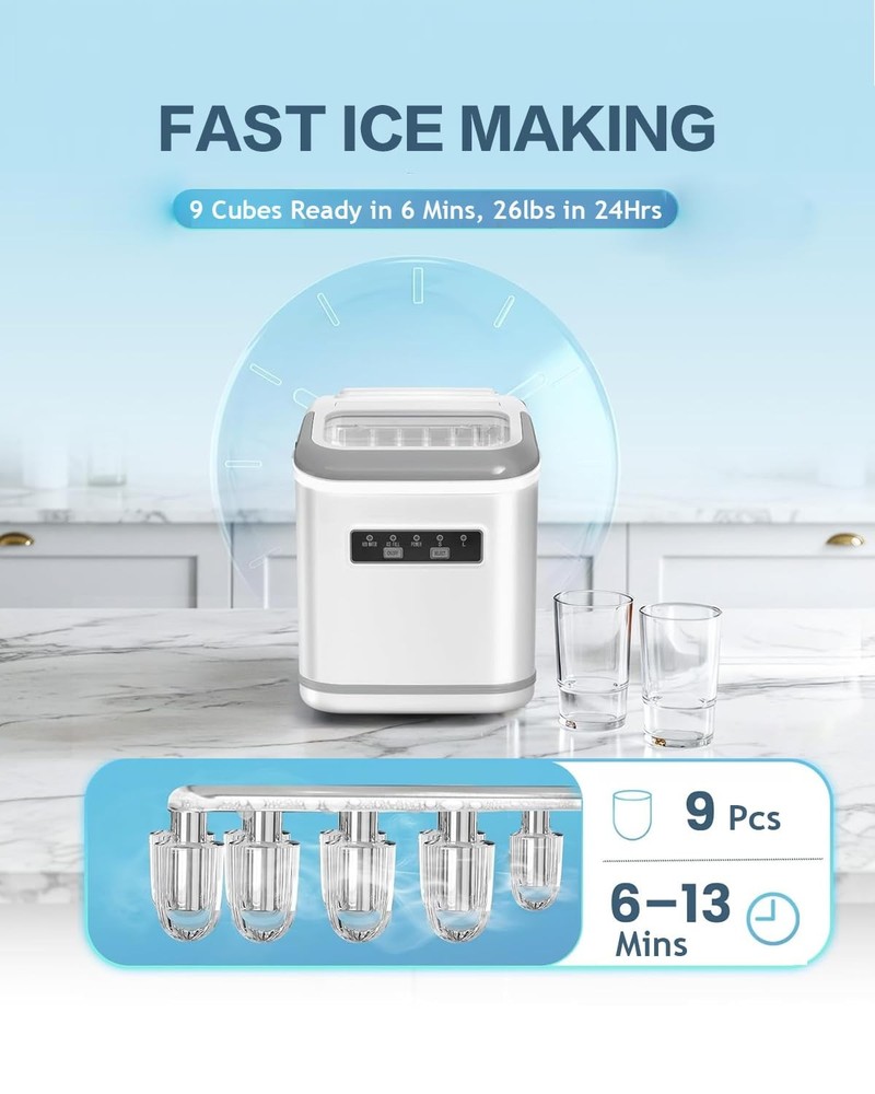 Antarctic Star Countertop Ice Maker Machine with Handle, 2 Size Ice, 9 Pcs Ready