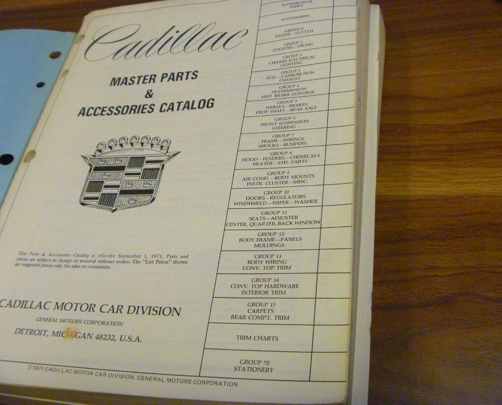 1971 Cadillac Deville Master Parts & Accessories Catalog Manual